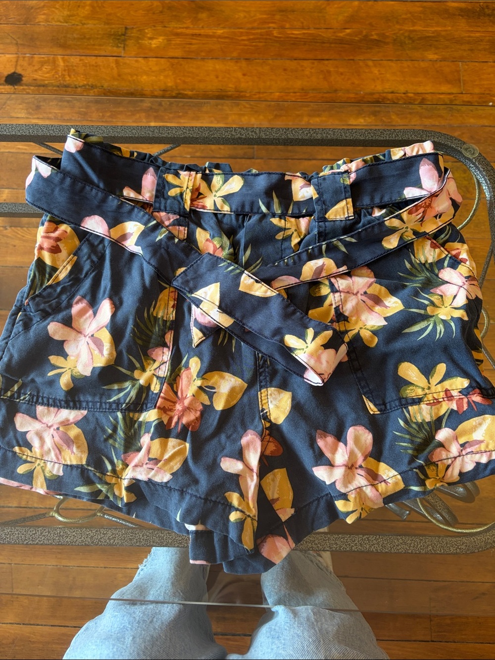 Floral Tie-Waist Women’s Shorts - Navy with Pink & Yellow Flowers